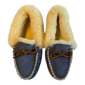 L L Bean Blue Suede Shearling Moccasin Slippers Womens 11 Cozy Cabincore Lodge